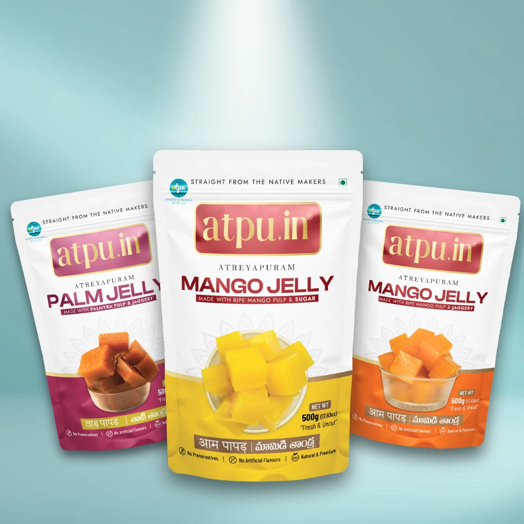Three packages of atpu.in Mango Jelly on a light blue background