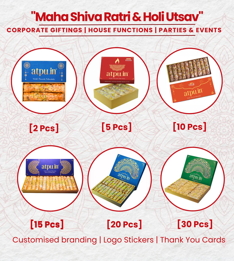 Promotional image of atpu.in products for Maha Shiva Ratri & Holi Utsav with packaging options and quantities.