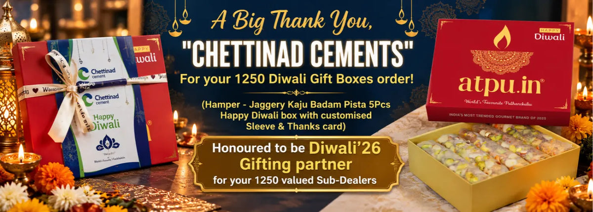 Promotional banner for Chettinad Cements and atpu.in Diwali gift boxes, featuring wrapped gift boxes, a red atpu.
