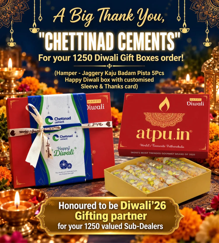 Promotional graphic for Chettinad Cements Diwali gift boxes, showing two branded red gift boxes and an open box containing sweets, with lit oil lamps, flowers, and festive text overlays.