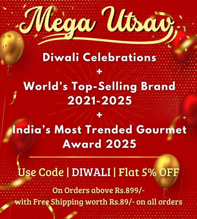 A promotional red graphic with gold and white text reading 'Mega Utsav' and 'Diwali Celebrations + World's Top-Selling Brand 2021-2025 + India's Most Trended Gourmet Award 2025,' plus offer text 'Use Code | DIwali | Flat 5% Off' and 'On Orders above Rs.899/- with Free Shipping worth Rs.