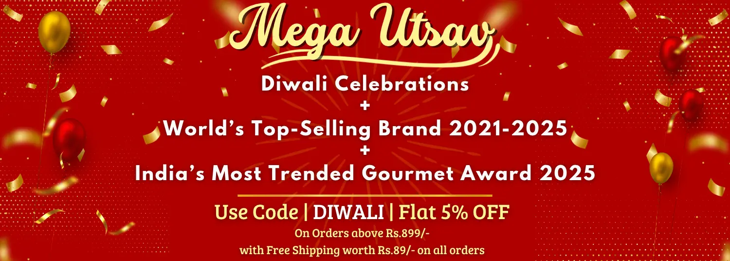 A promotional red banner with gold confetti and balloons, featuring the text 'Mega Utsav' in large gold script and additional event/promotional text about Diwali celebrations and a gourmet award.