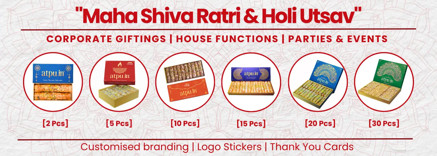 Promotional graphic for Maha Shiva Ratri & Holi Utsav with product packaging images and text about corporate gifting and events.