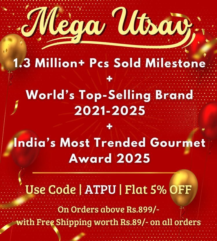 Promotional poster for 'Mega Utsav' with text about sales milestone, brand ranking, and awards on a red background.