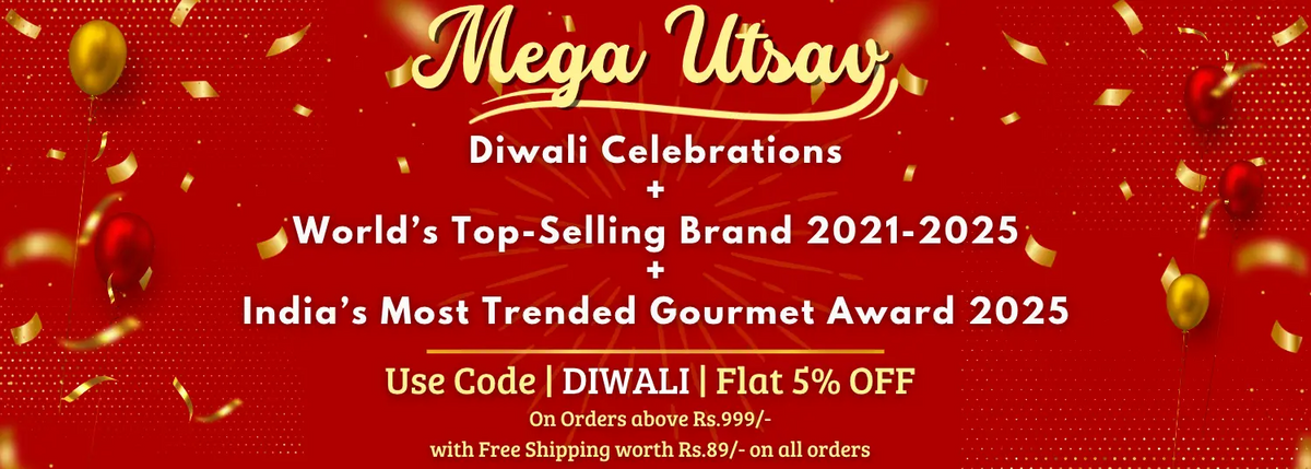 A festive red promotional banner with gold foil-like text reading 'Mega Utsav' and additional Hindi promotional copy about Diwali celebrations, a top-selling brand, an award, and a flat 5% off code DIWI. Gold confetti, balloons, and red ornaments decorate the design.