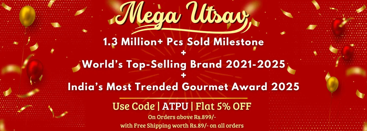 Promotional banner for 'Mega Utsav' with text about sales milestone, brand ranking, and awards on a red background.