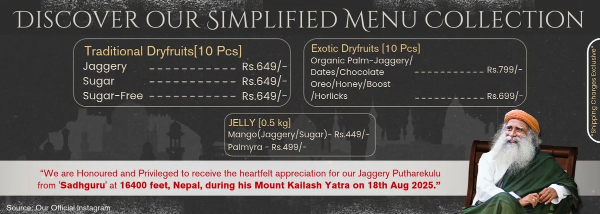 Promotional banner for a 'Simplified Menu Collection' featuring traditional and exotic dryfruits, jellies, and a quote from Jaggery Puthankulu, with a photo of an elderly man on the right.