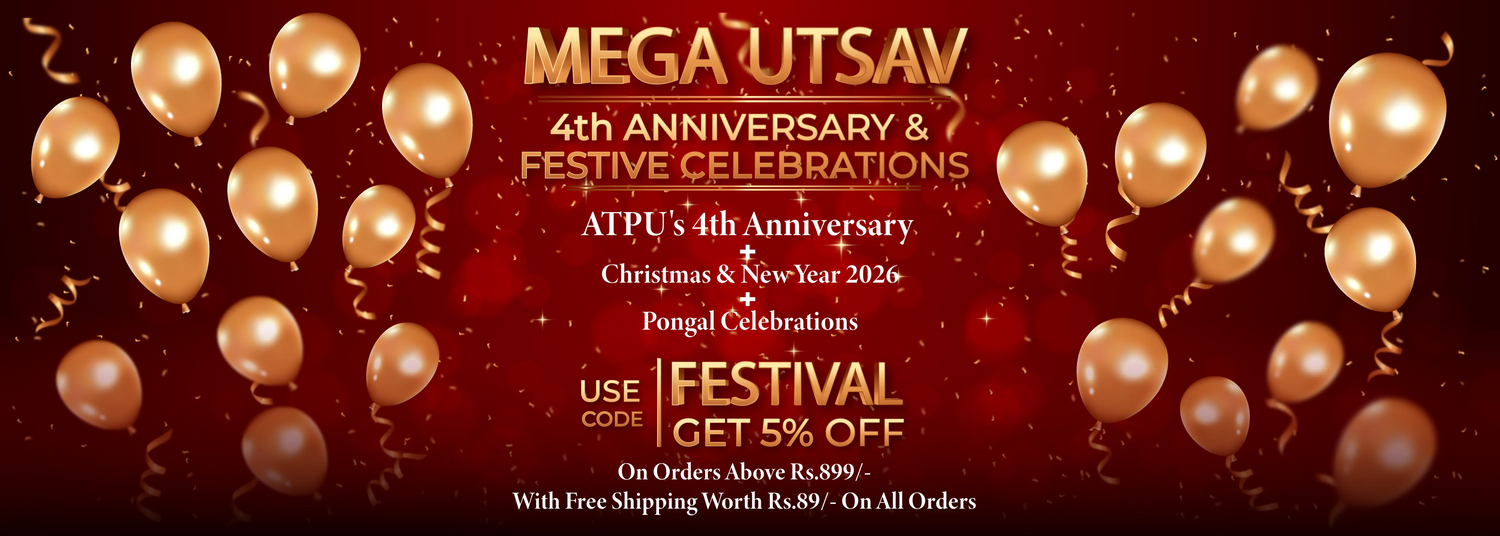 Promotional banner for Mega Utsav's 4th anniversary and festive celebrations with balloons and text on a red background.