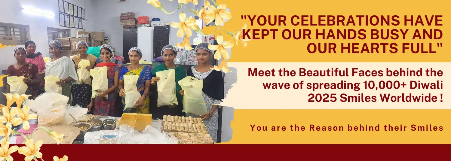 Group of people in a kitchen preparing food with decorative elements and text about spreading Diwali smiles.