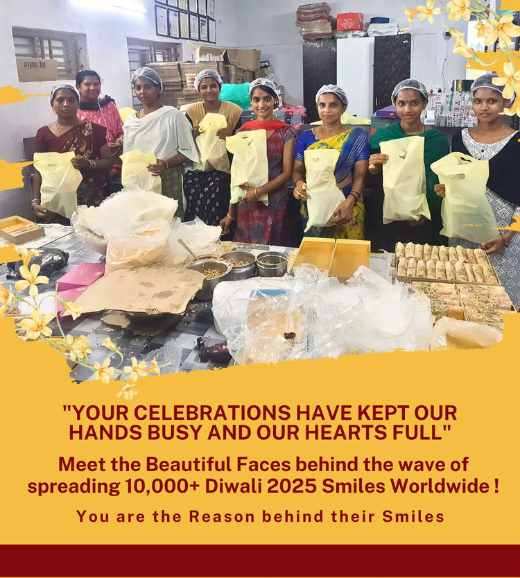 Group of people in a factory setting with text about spreading Diwali smiles.