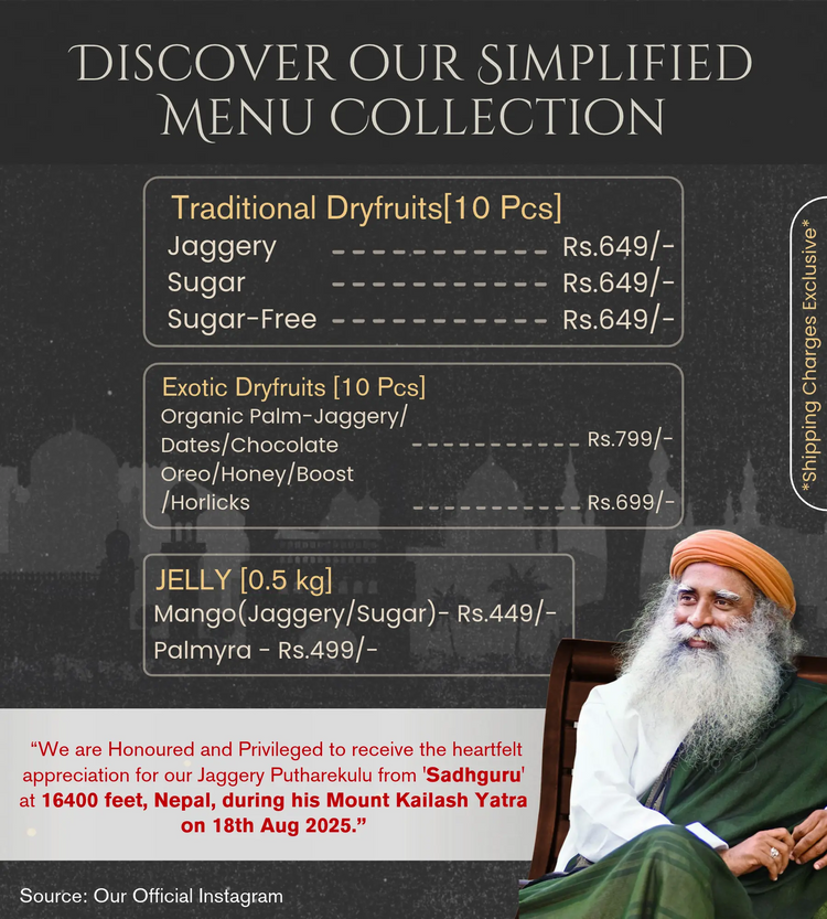 Advertisement with menu items and a person in traditional attire on a dark background