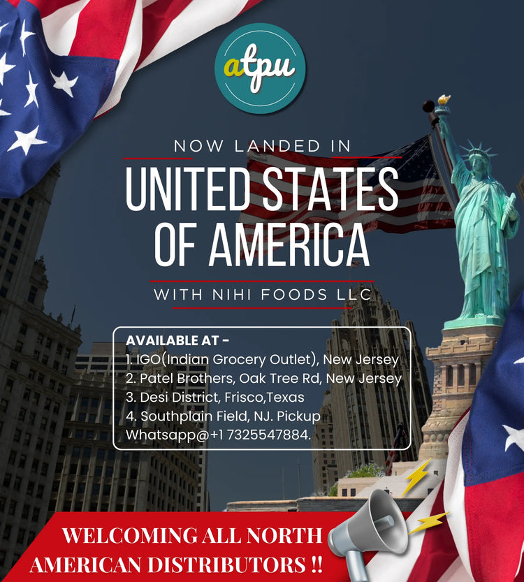 Promotional poster for ATPU with American flags, Statue of Liberty, and text about NIHI Foods LLC.