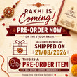 A promotional graphic for a pre-order Rakhi item. The design features a cream background with festive illustrations including a red and gold Rakhi on the left, a gift box icon, marigold flowers on the right, and a book labeled 'ATPU Putharekulu' in the top right corner.