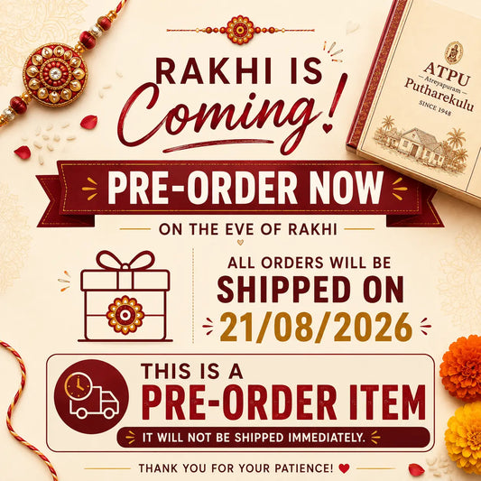 A promotional graphic for a pre-order Rakhi item. The design features a cream background with festive illustrations including a red and gold Rakhi on the left, a gift box icon, marigold flowers on the right, and a book labeled 'ATPU Putharekulu' in the top right corner.