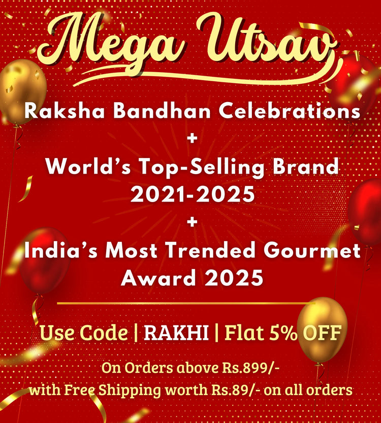 A promotional red graphic with gold and white text celebrating 'Mega Utsav' and 'Raksha Bandhan Celebrations,' with decorative gold balloons and confetti. The text includes offer details: 'Use Code | RAKHI | Flat 5% OFF' and 'On Orders above Rs.