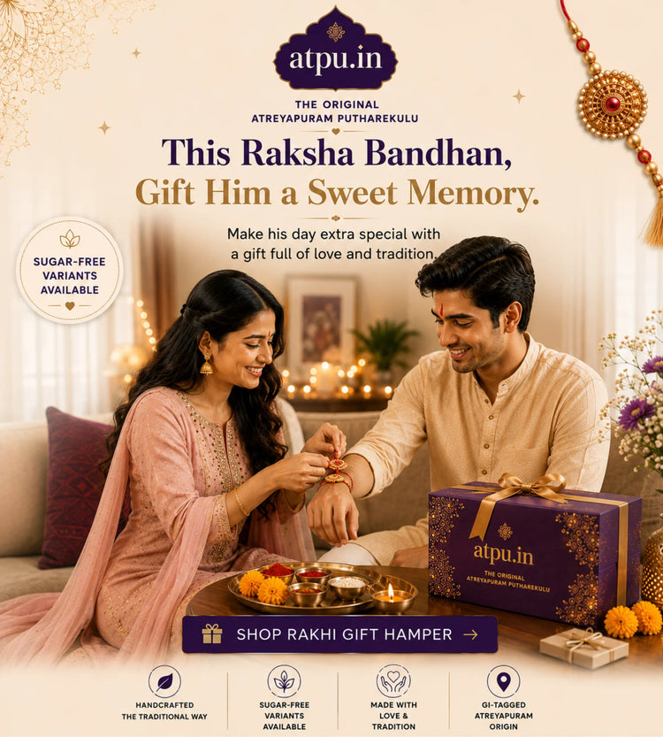 A festive advertisement for Atpuu.in Rakhi gift hamper featuring a man and woman sitting together on a sofa, smiling and exchanging a Rakhi.