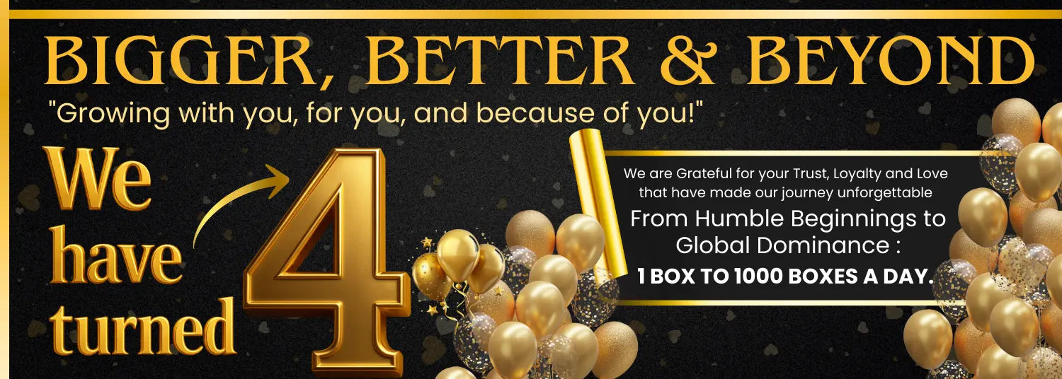 Promotional banner celebrating a milestone with gold text and decorative elements on a black background.
