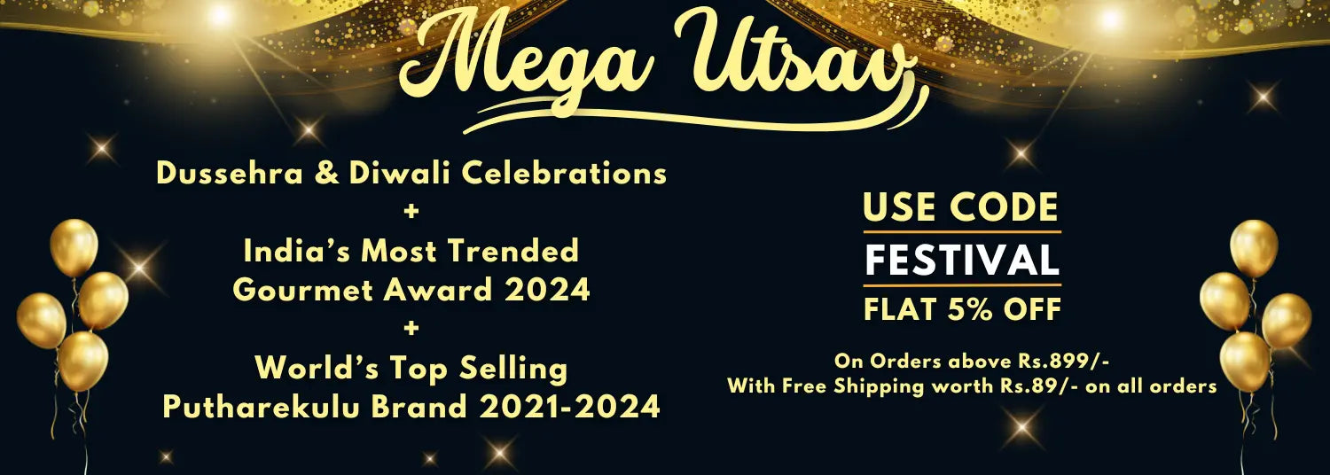 Promotional banner for Mega Utsav with text about Dussehra, Diwali celebrations, and promotional offer.