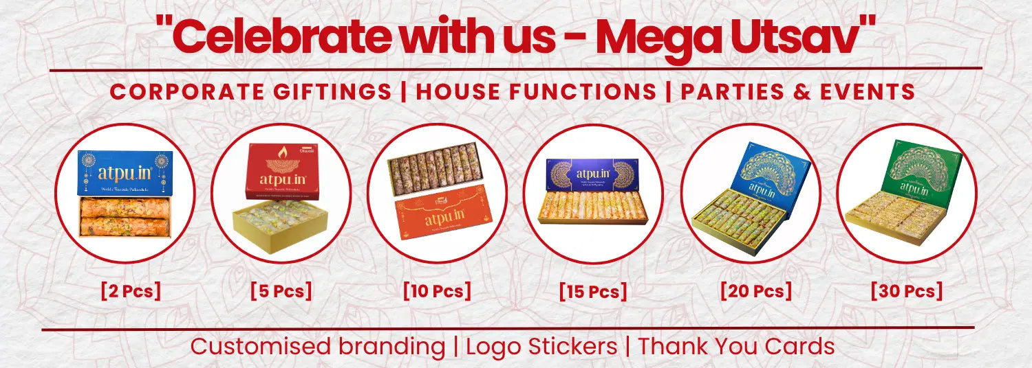 Promotional graphic for Mega Utsav with product images and text about corporate gifting, house functions, and events.