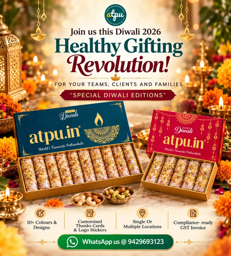 Promotional advertisement for Atpu.in Diwali gifting packs, showing two boxed packs of traditional Indian snacks on a decorated festive table with lamps, flowers, and text overlays.