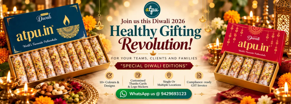 Promotional banner for Atpu.in Diwali 2026 Healthy Gifting Revolution! showing two open boxes of packaged sweets, one blue and one red, surrounded by marigolds and lit candles.