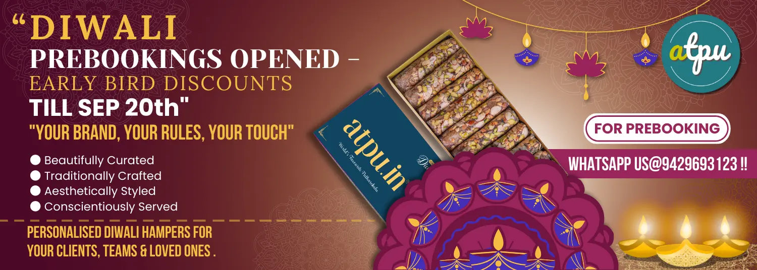 Promotional banner for Diwali prebookings with a box of Alpu products and decorative elements.