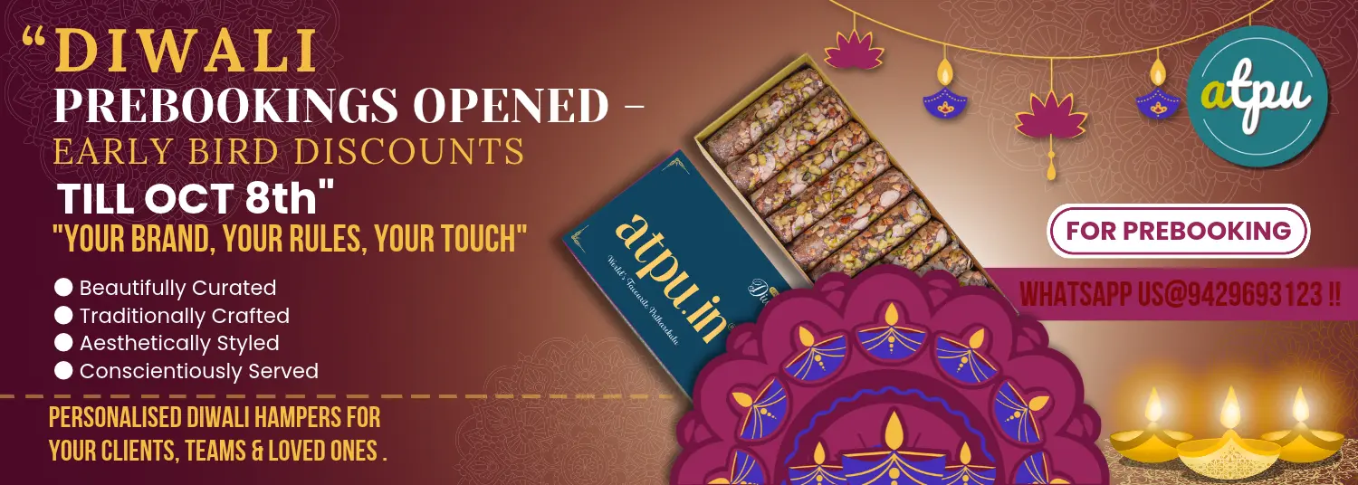 Promotional banner for Alpu Diwali Prebookings, featuring a box of Alpu traditional sweets, a blue Alpu box, a purple Diwali lamp illustration, and text offering early bird discounts until Oct 8th.