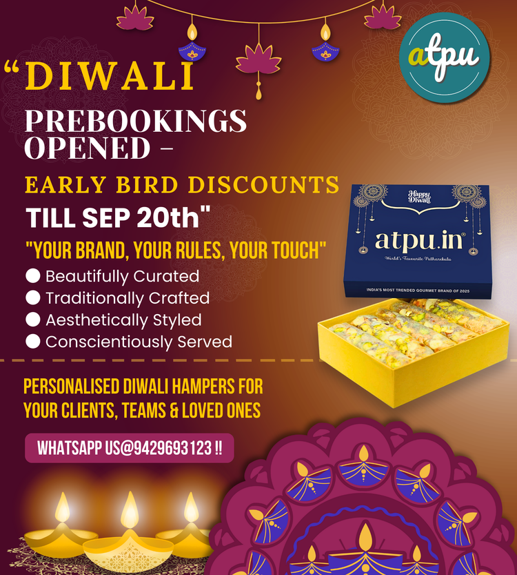 Promotional poster for Diwali prebookings with a box of atpu products and decorative elements.