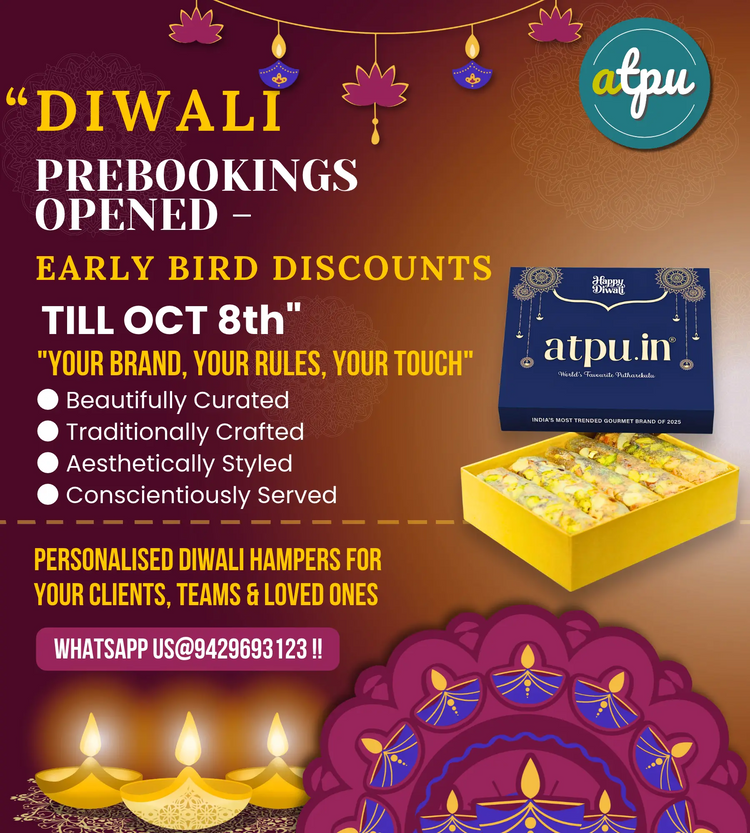 Promotional Diwali prebookings graphic for atpu.in, featuring orange and brown gradient background with decorative hanging lotus motifs, lit diya candles, a purple mandala design, and product photos of packaged sweets and a boxed snack mix.