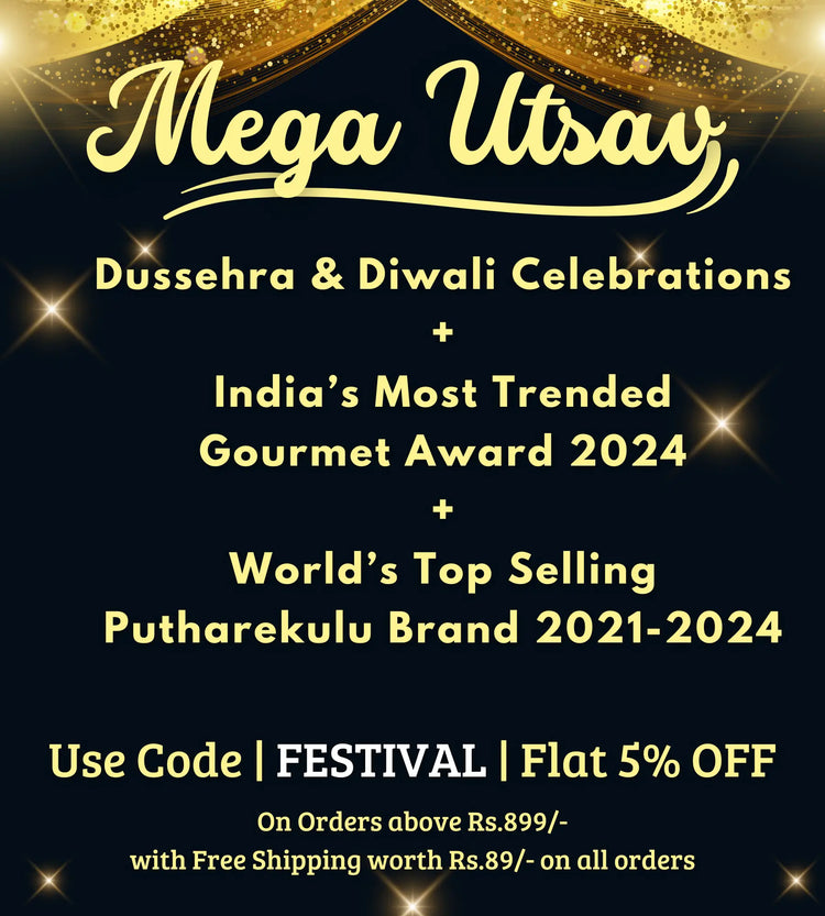 Promotional poster for Mega Utsav with text about Dussehra, Diwali celebrations, and gourmet award.