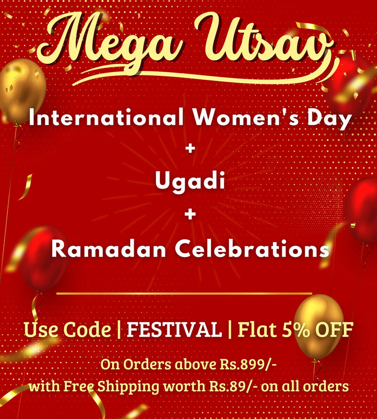 Promotional poster for Mega Utsav with International Women's Day, Ugadi, and Ramadan celebrations on a red background.