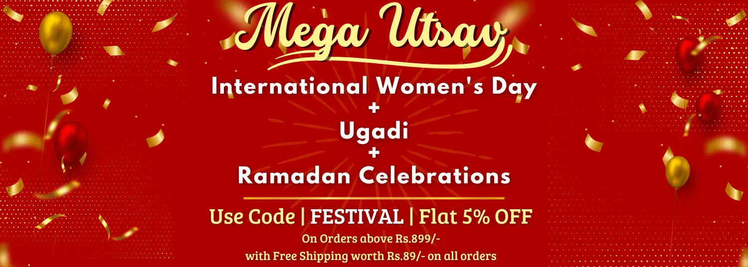 Promotional banner for Mega Utsav celebrating International Women's Day, Ugadi, and Ramadan with a red background and festive elements.