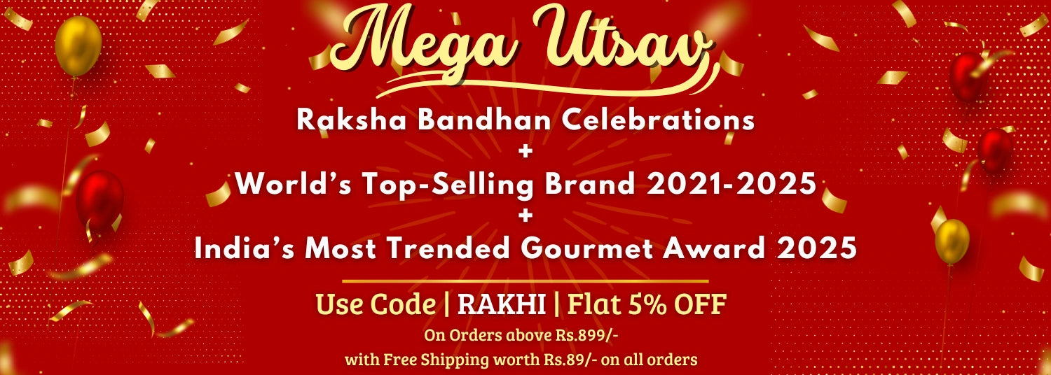 A festive red promotional banner with gold confetti and balloons, featuring the text 'Mega Utsav' and event/promo copy for Raksha Bandhan celebrations and a 2025 gourmet award, with a discount code 'RAKHI'.