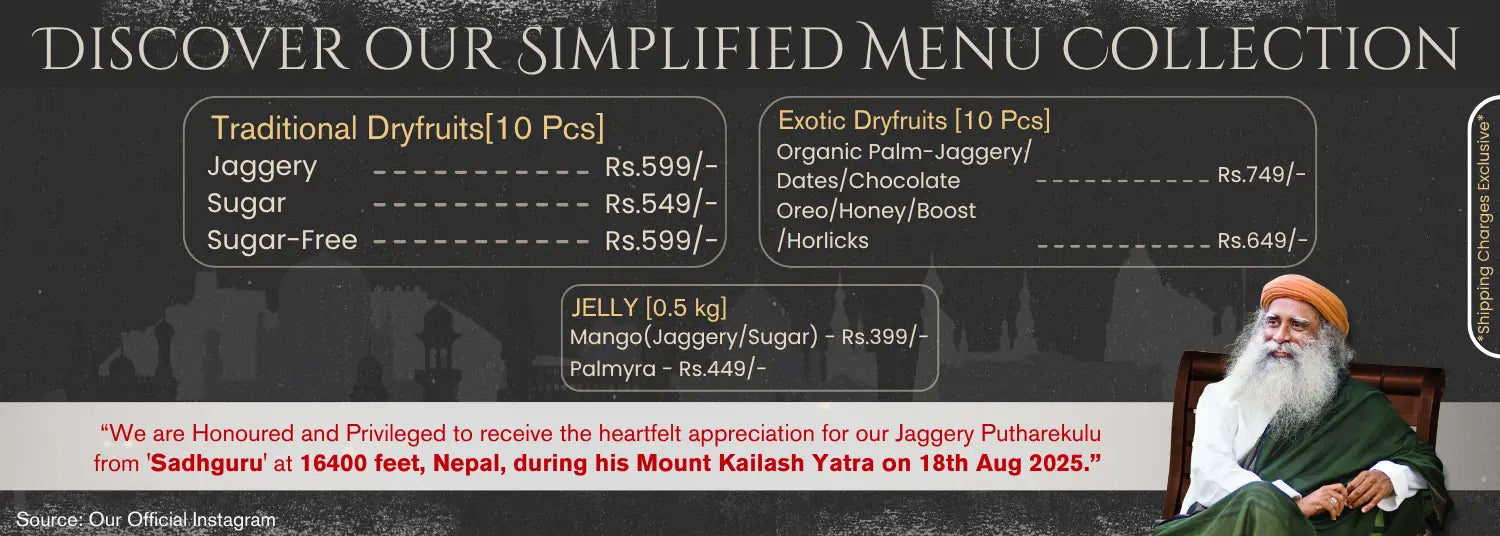 Menu collection with traditional dryfruits and jaggery products, featuring a person in a traditional outfit.