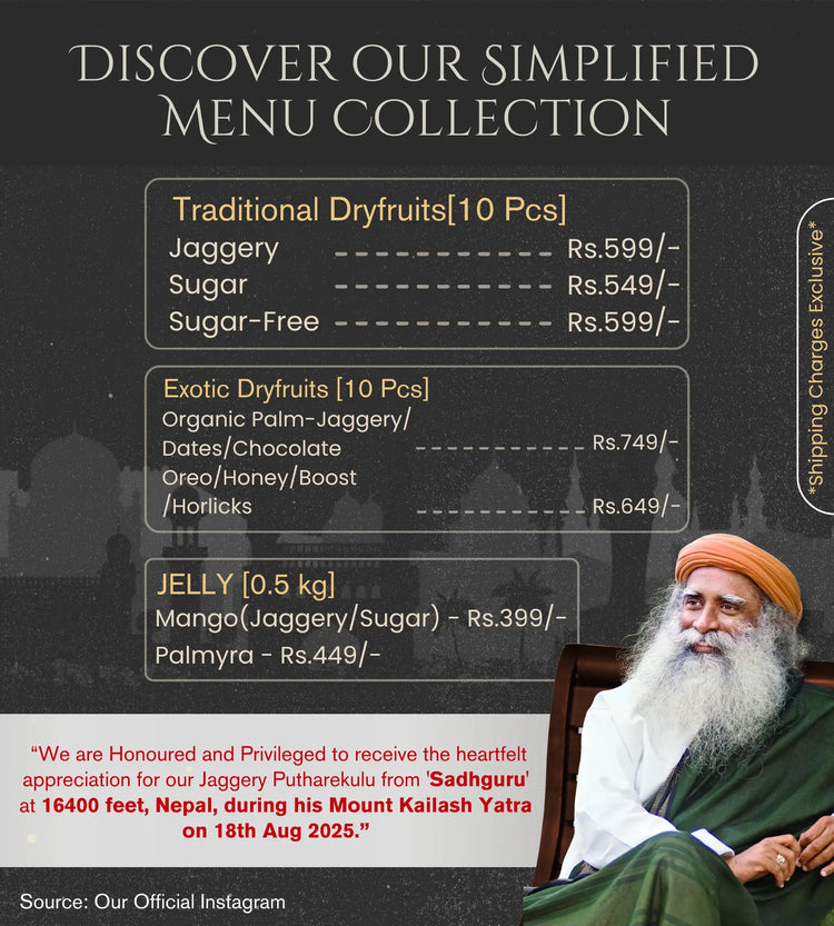 Advertisement with menu items and a person in traditional attire on a dark background