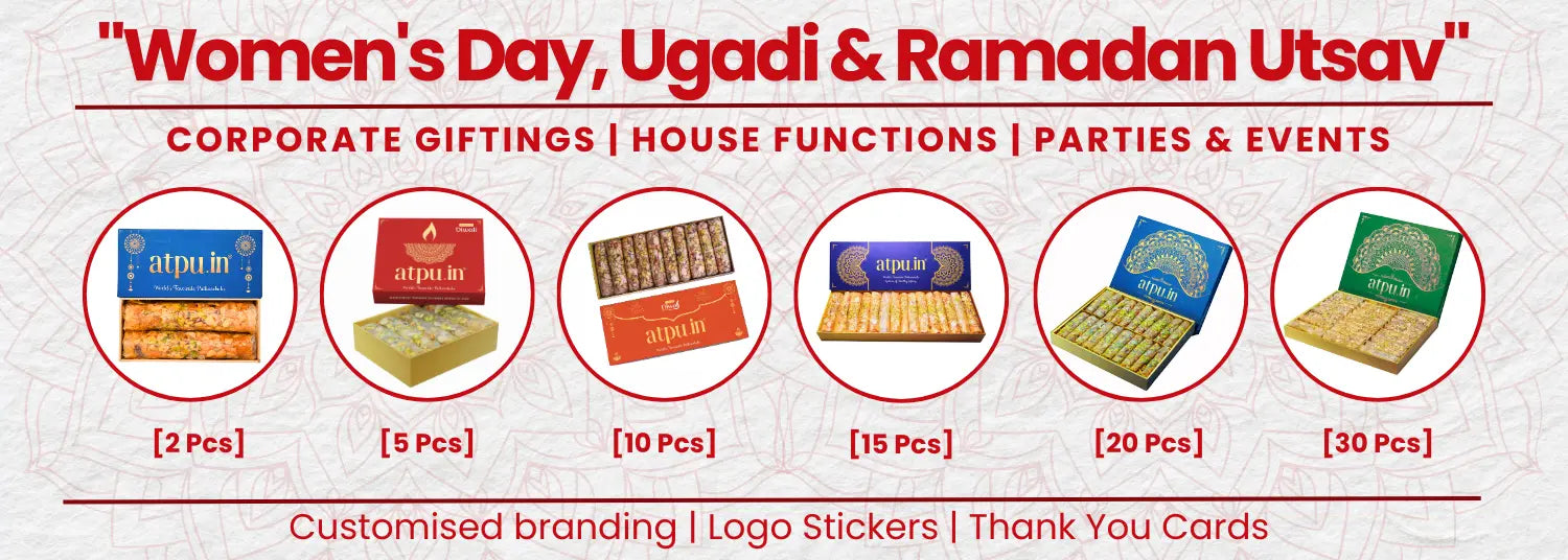 Promotional graphic for corporate gifting, house functions, and parties with product images and text.