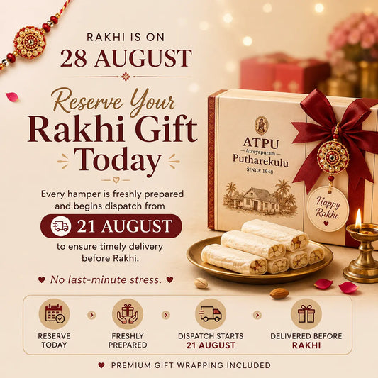 Promotional graphic for an ATPU Rakhi gift box with fresh prepared putharekulu rolls, displayed with a red ribbon and tag, alongside text about reservation and delivery details for Rakhi on 28 August.