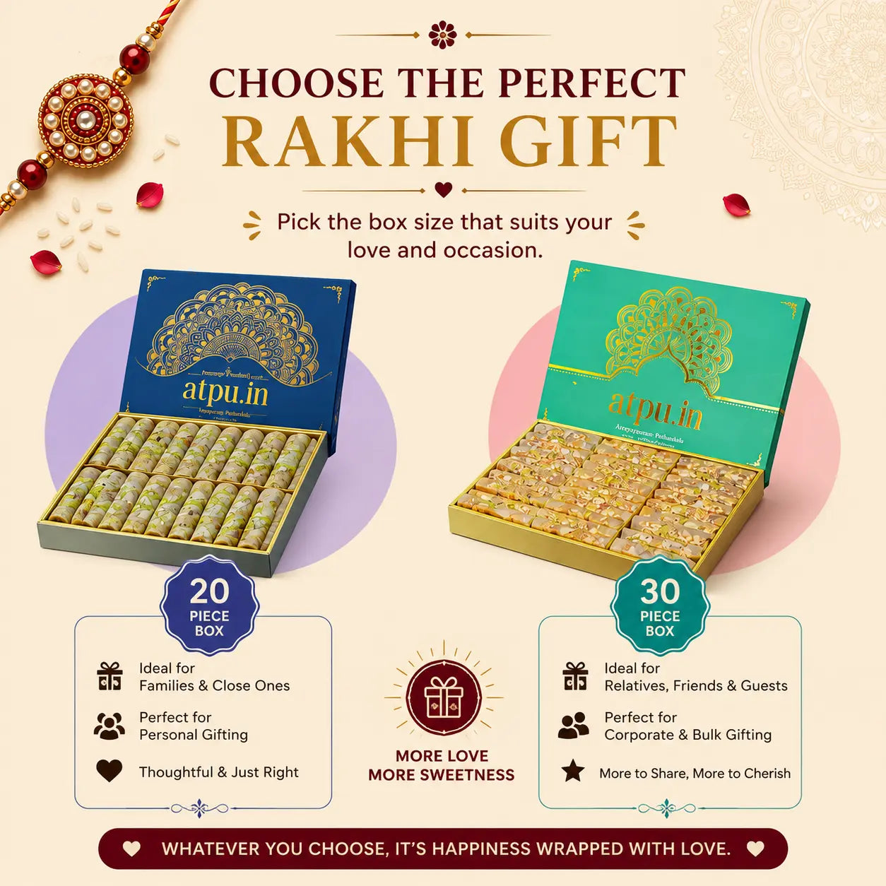 Promotional graphic for two Rakhi gift boxes by atpu.in on a warm beige background with decorative festive elements.